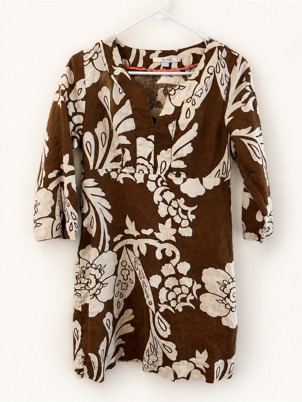 Boden 100% Linen Brown & Cream Floral Tunic Dress Size 6